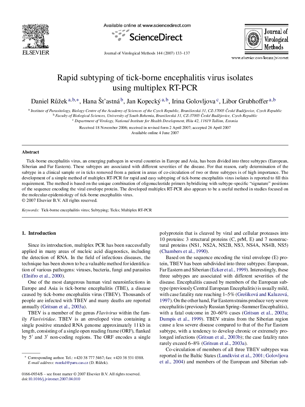 Rapid subtyping of tick-borne encephalitis virus isolates using multiplex RT-PCR