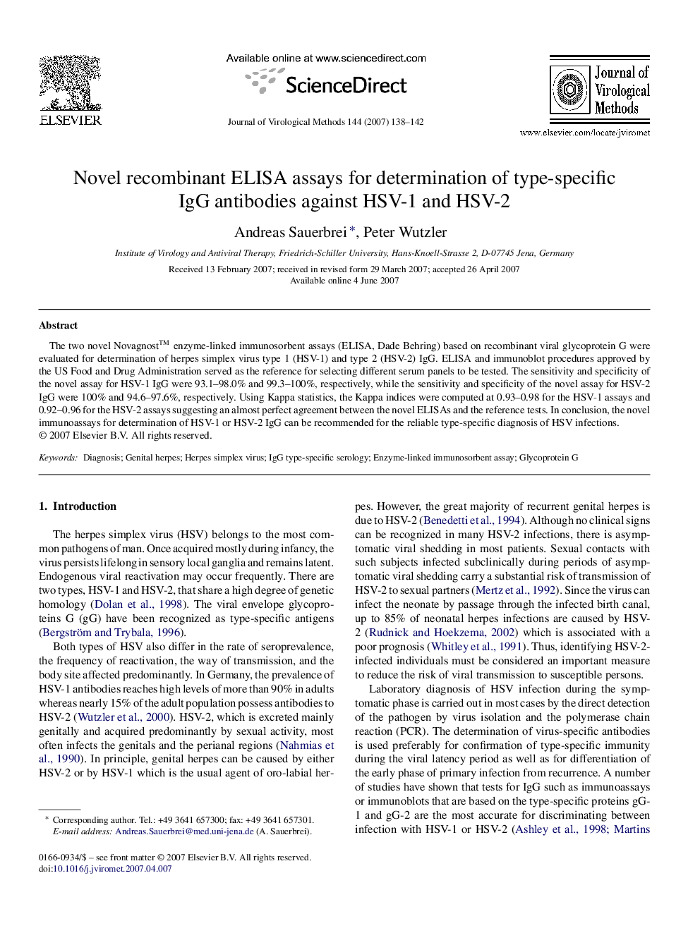 Novel recombinant ELISA assays for determination of type-specific IgG antibodies against HSV-1 and HSV-2