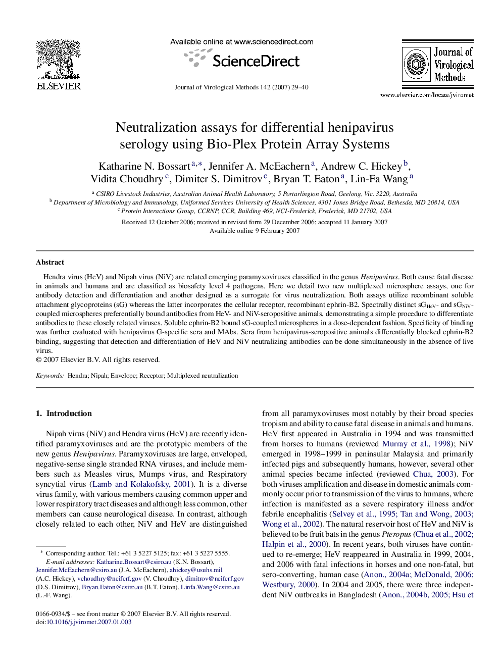 Neutralization assays for differential henipavirus serology using Bio-Plex Protein Array Systems