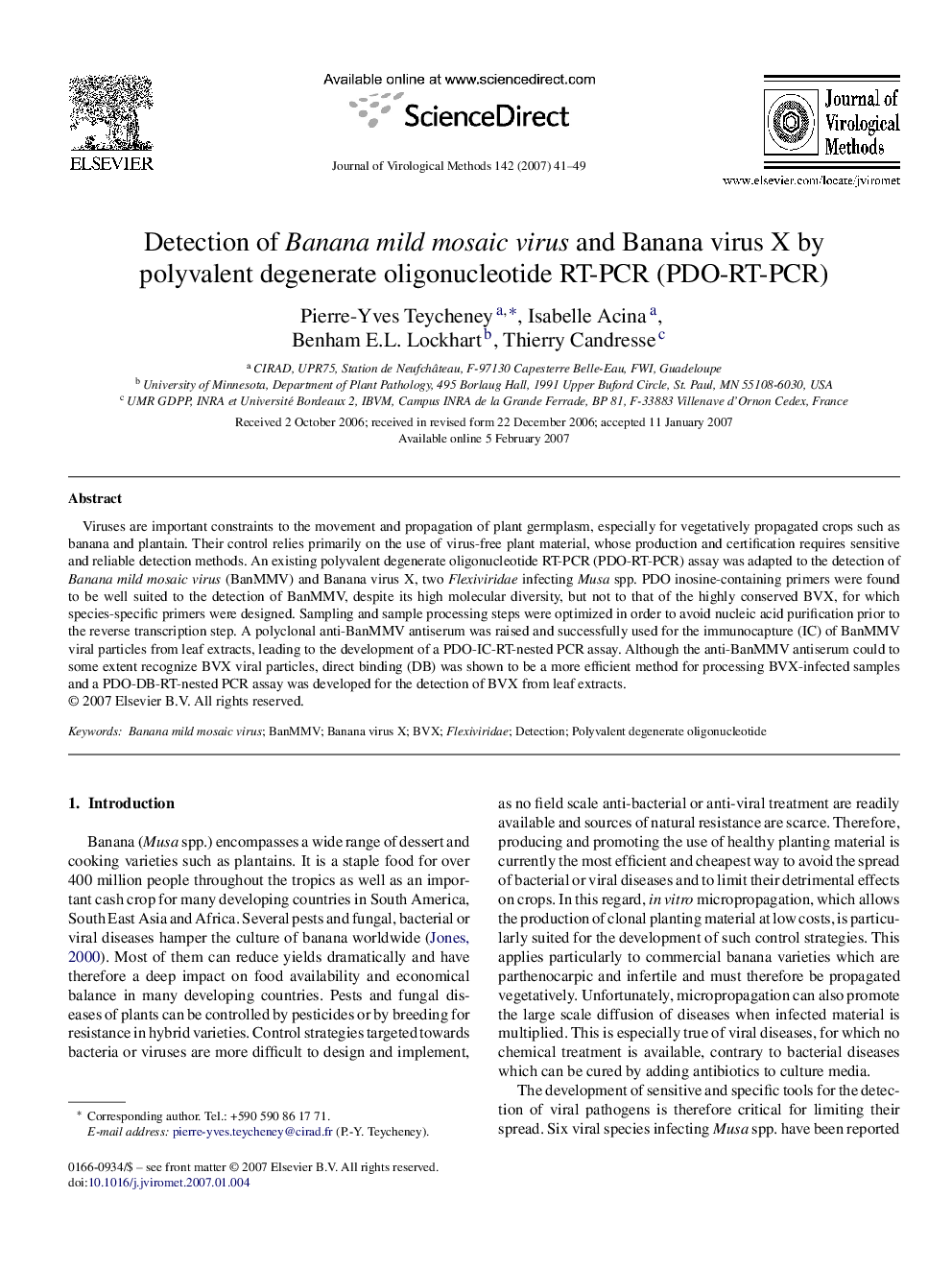 Detection of Banana mild mosaic virus and Banana virus X by polyvalent degenerate oligonucleotide RT-PCR (PDO-RT-PCR)