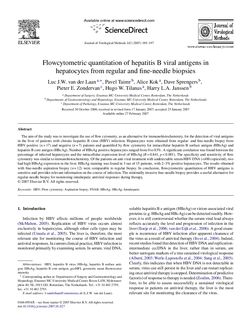 Flowcytometric quantitation of hepatitis B viral antigens in hepatocytes from regular and fine-needle biopsies