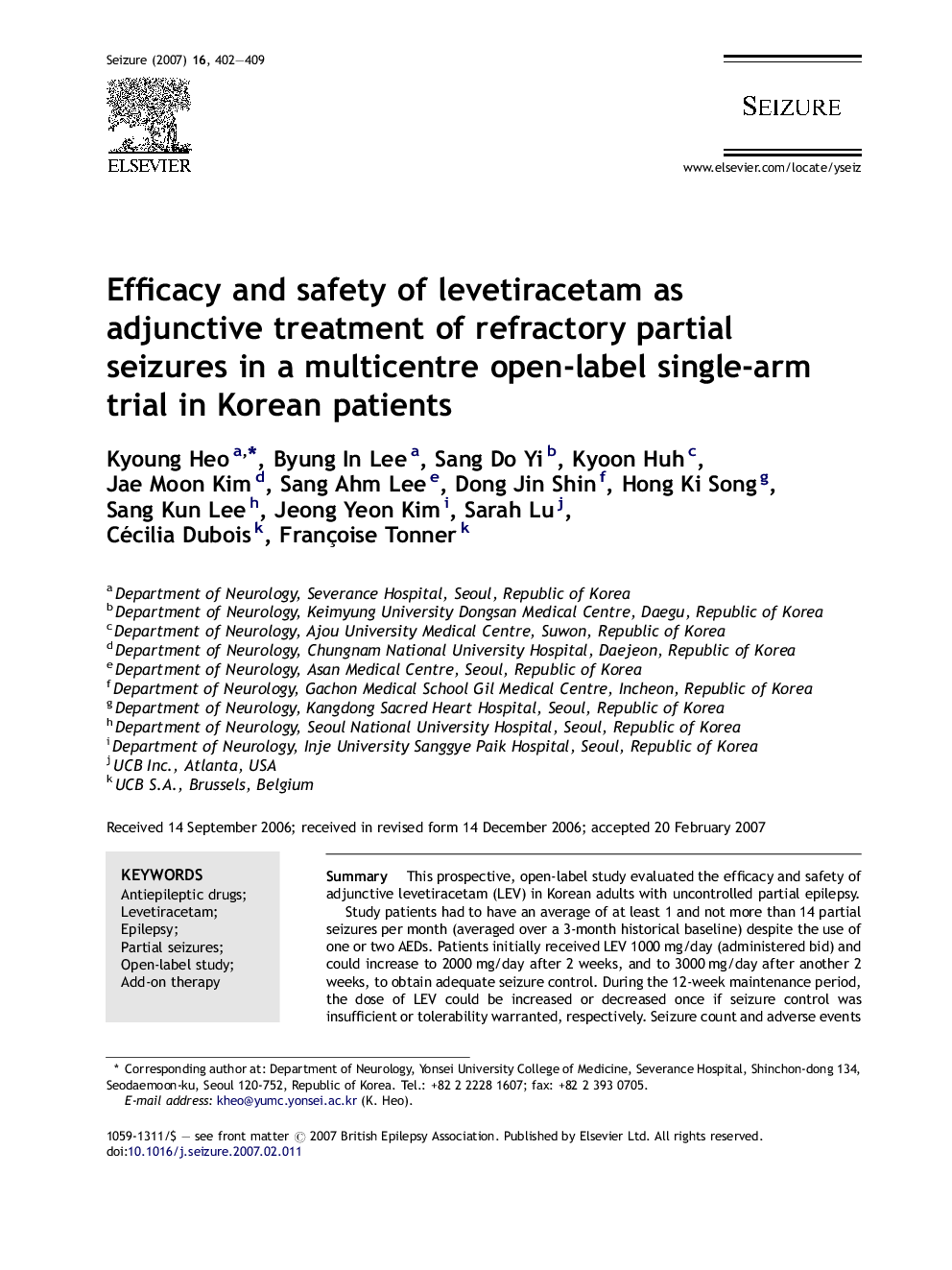 Efficacy and safety of levetiracetam as adjunctive treatment of refractory partial seizures in a multicentre open-label single-arm trial in Korean patients