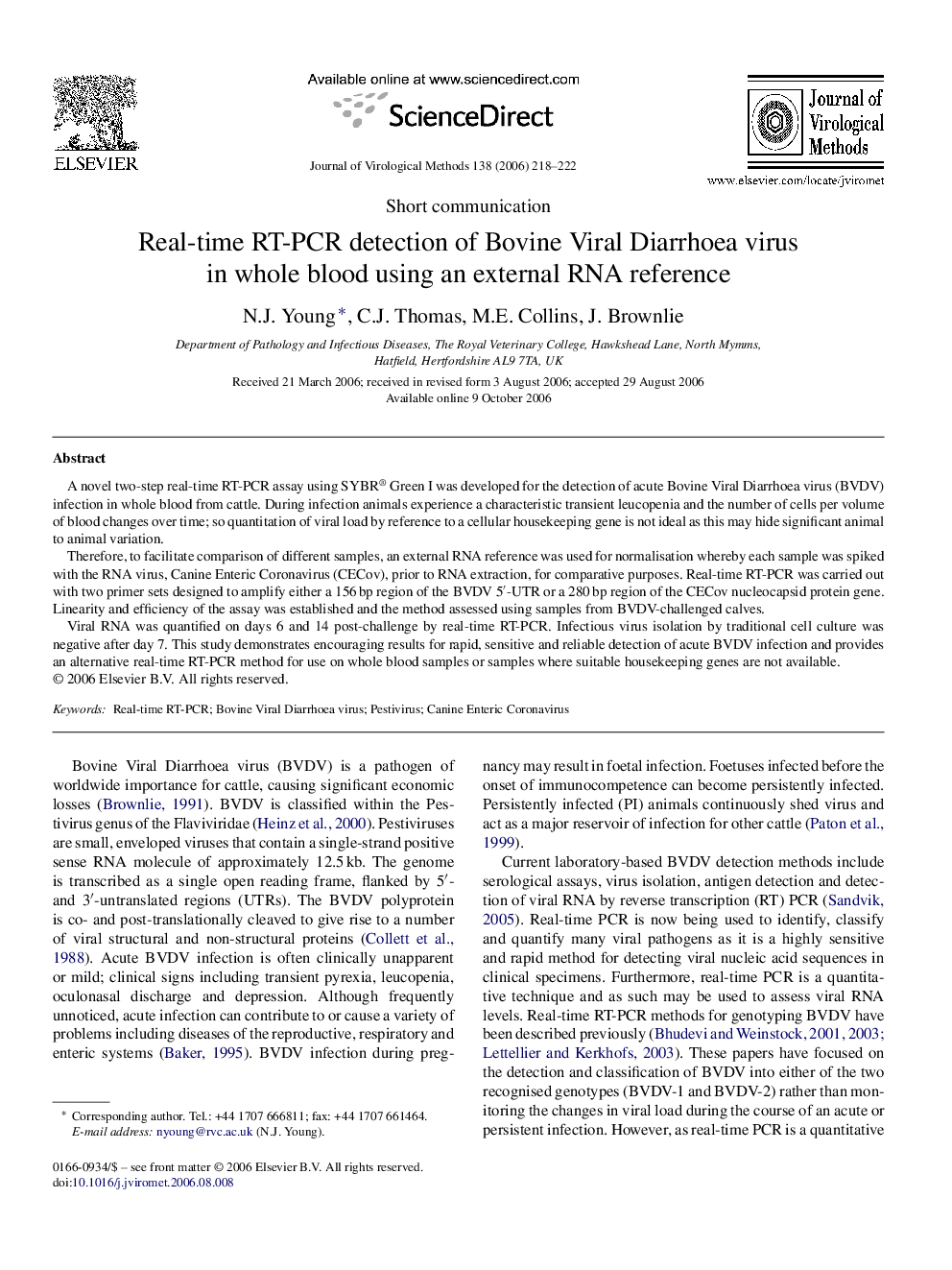 Real-time RT-PCR detection of Bovine Viral Diarrhoea virus in whole blood using an external RNA reference