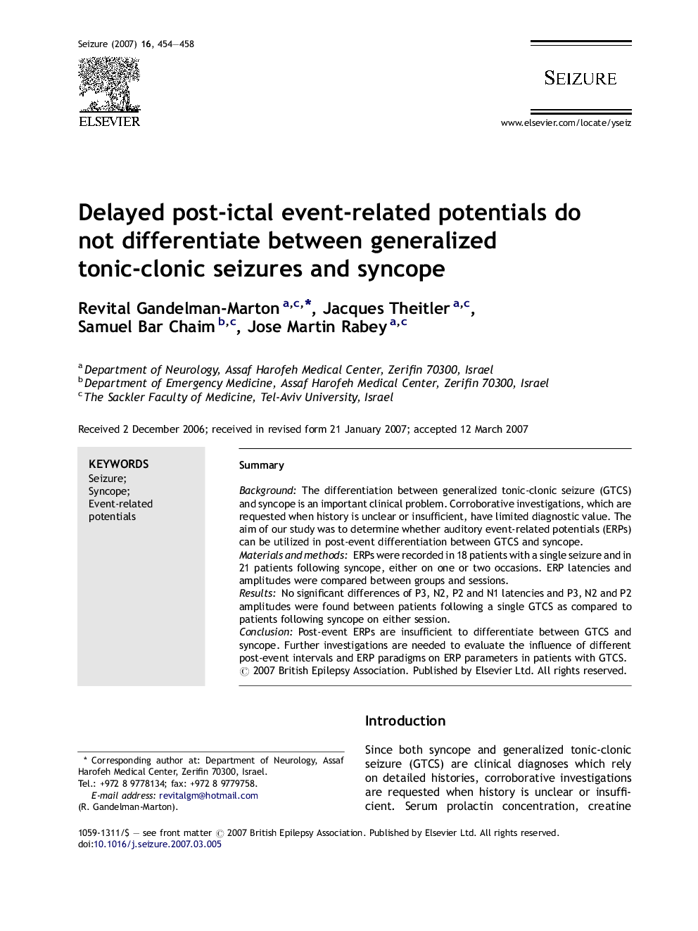 Delayed post-ictal event-related potentials do not differentiate between generalized tonic-clonic seizures and syncope