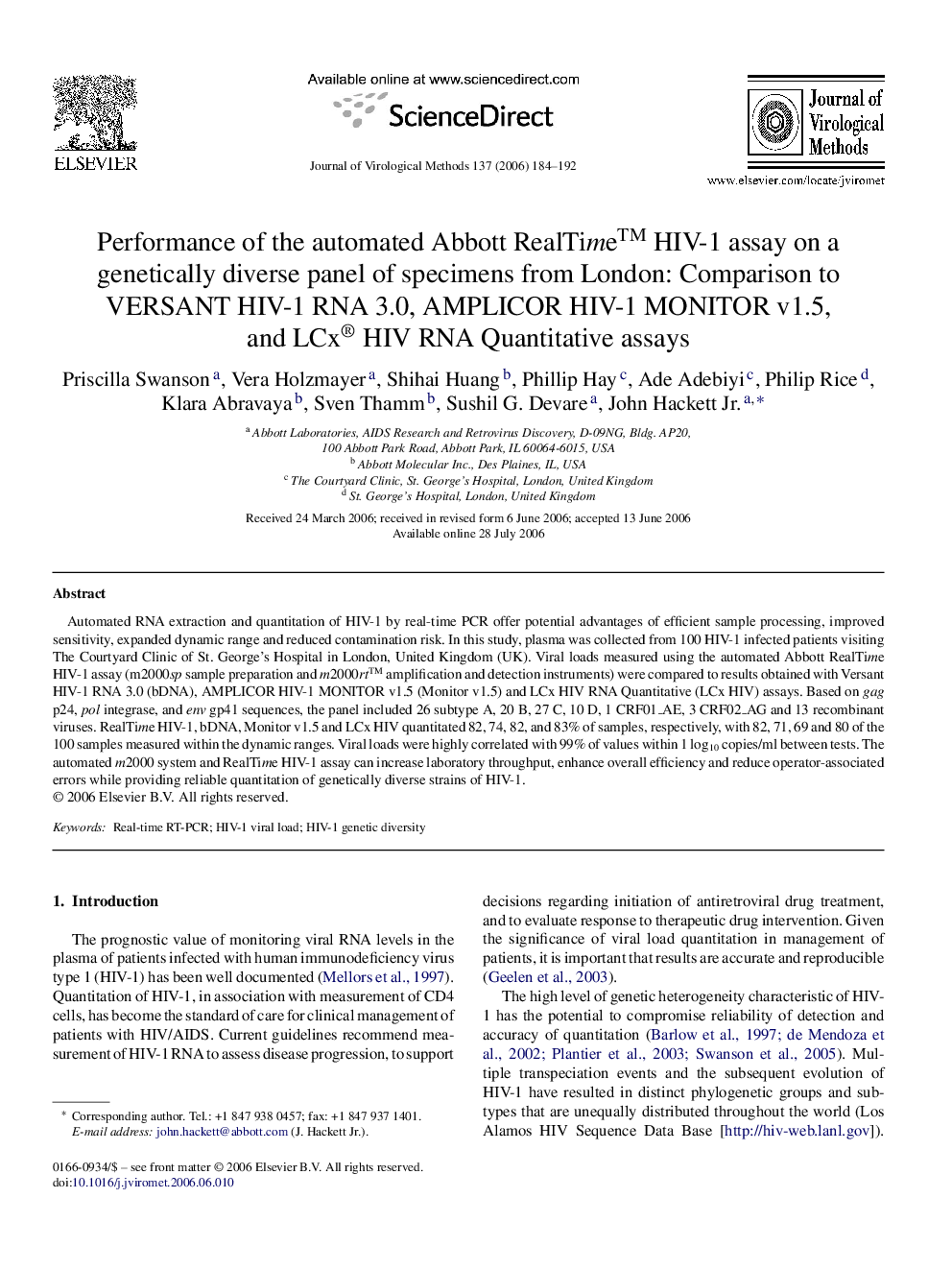 Performance of the automated Abbott RealTime™ HIV-1 assay on a genetically diverse panel of specimens from London: Comparison to VERSANT HIV-1 RNA 3.0, AMPLICOR HIV-1 MONITOR v1.5, and LCx® HIV RNA Quantitative assays