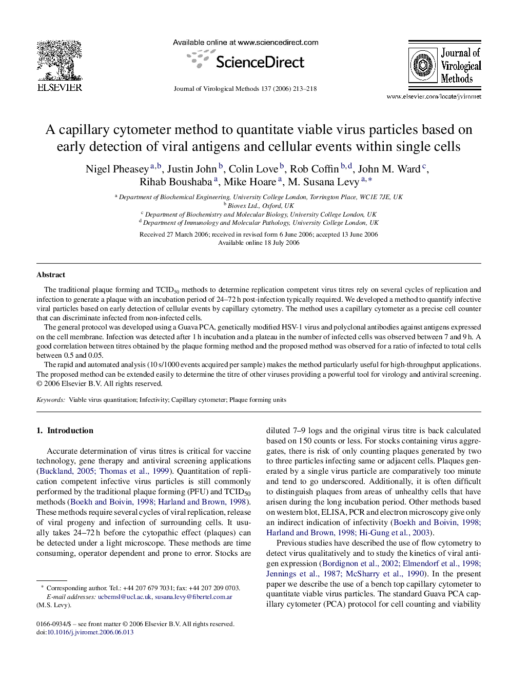 A capillary cytometer method to quantitate viable virus particles based on early detection of viral antigens and cellular events within single cells