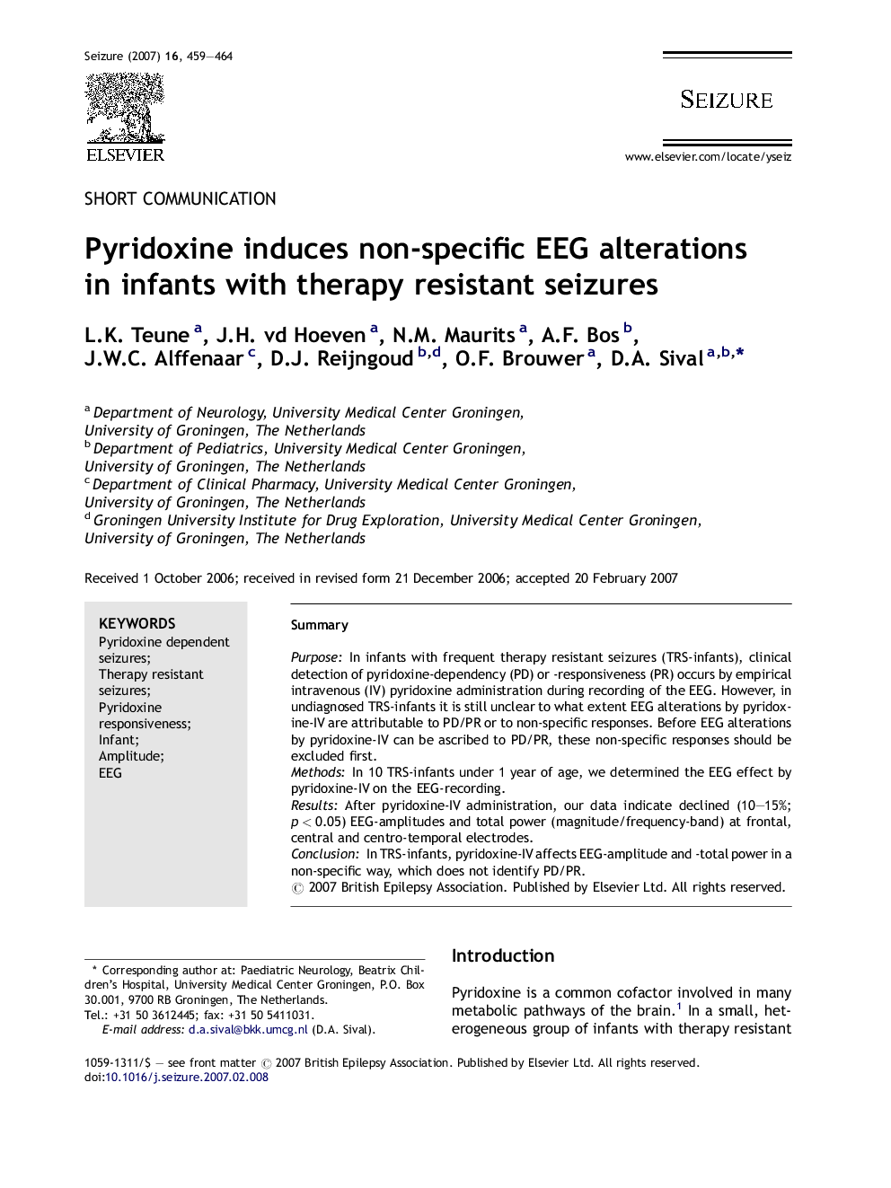 Pyridoxine induces non-specific EEG alterations in infants with therapy resistant seizures