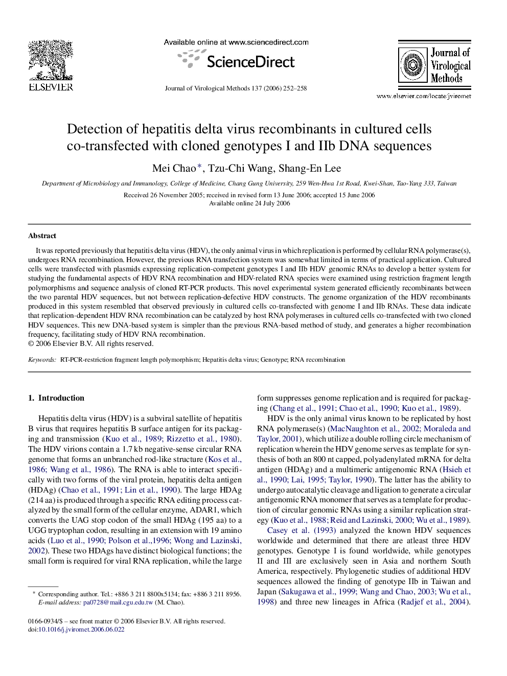 Detection of hepatitis delta virus recombinants in cultured cells co-transfected with cloned genotypes I and IIb DNA sequences