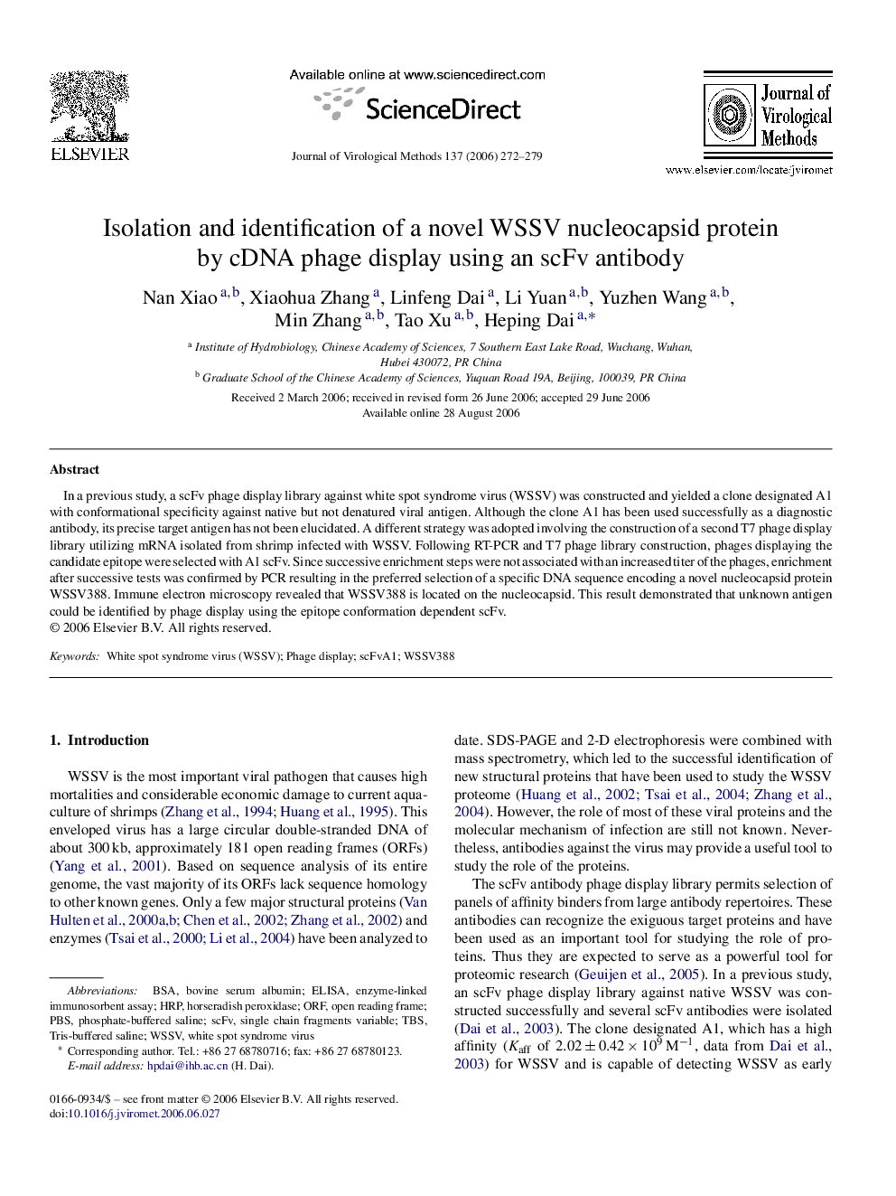 Isolation and identification of a novel WSSV nucleocapsid protein by cDNA phage display using an scFv antibody