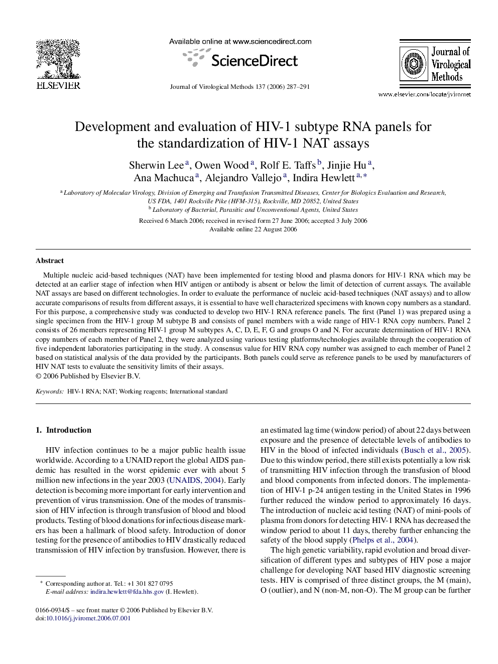 Development and evaluation of HIV-1 subtype RNA panels for the standardization of HIV-1 NAT assays