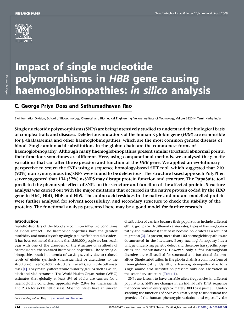 Impact of single nucleotide polymorphisms in HBB gene causing haemoglobinopathies: in silico analysis