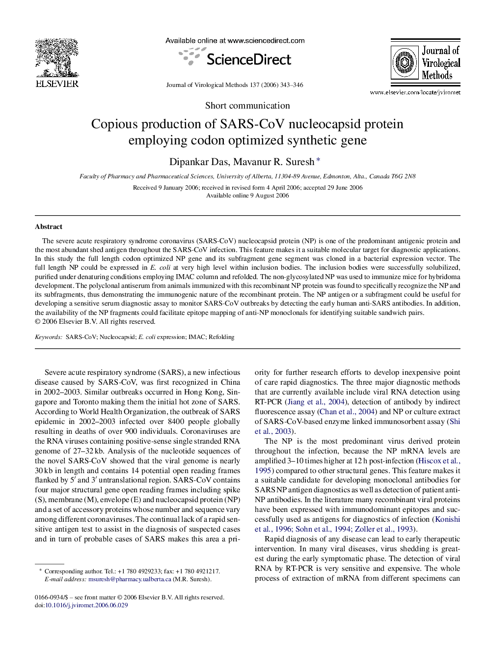 Copious production of SARS-CoV nucleocapsid protein employing codon optimized synthetic gene