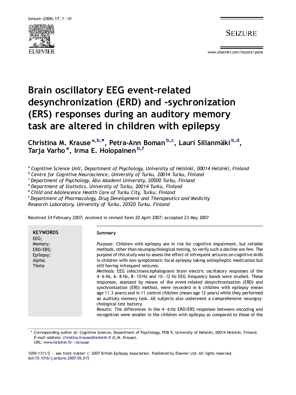 Brain oscillatory EEG event-related desynchronization (ERD) and -sychronization (ERS) responses during an auditory memory task are altered in children with epilepsy