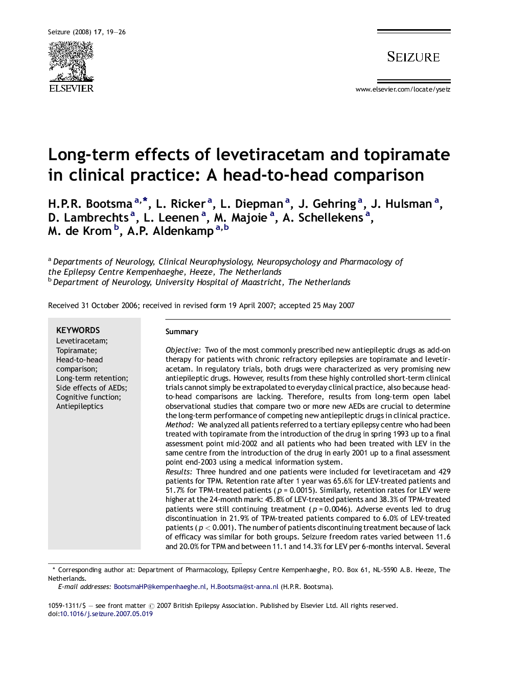 Long-term effects of levetiracetam and topiramate in clinical practice: A head-to-head comparison