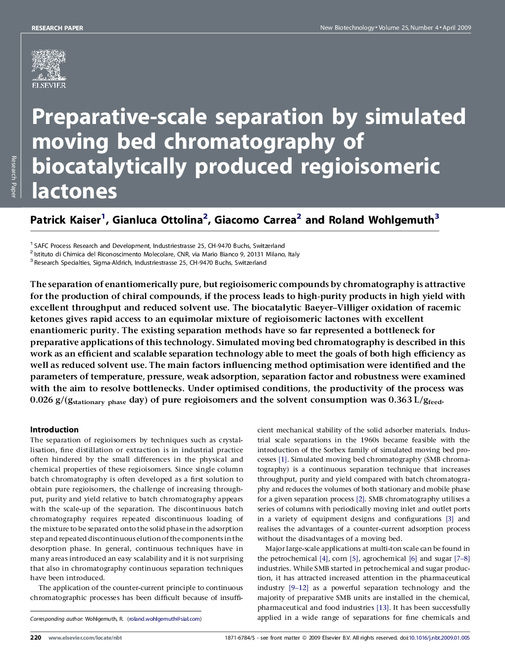 Preparative-scale separation by simulated moving bed chromatography of biocatalytically produced regioisomeric lactones