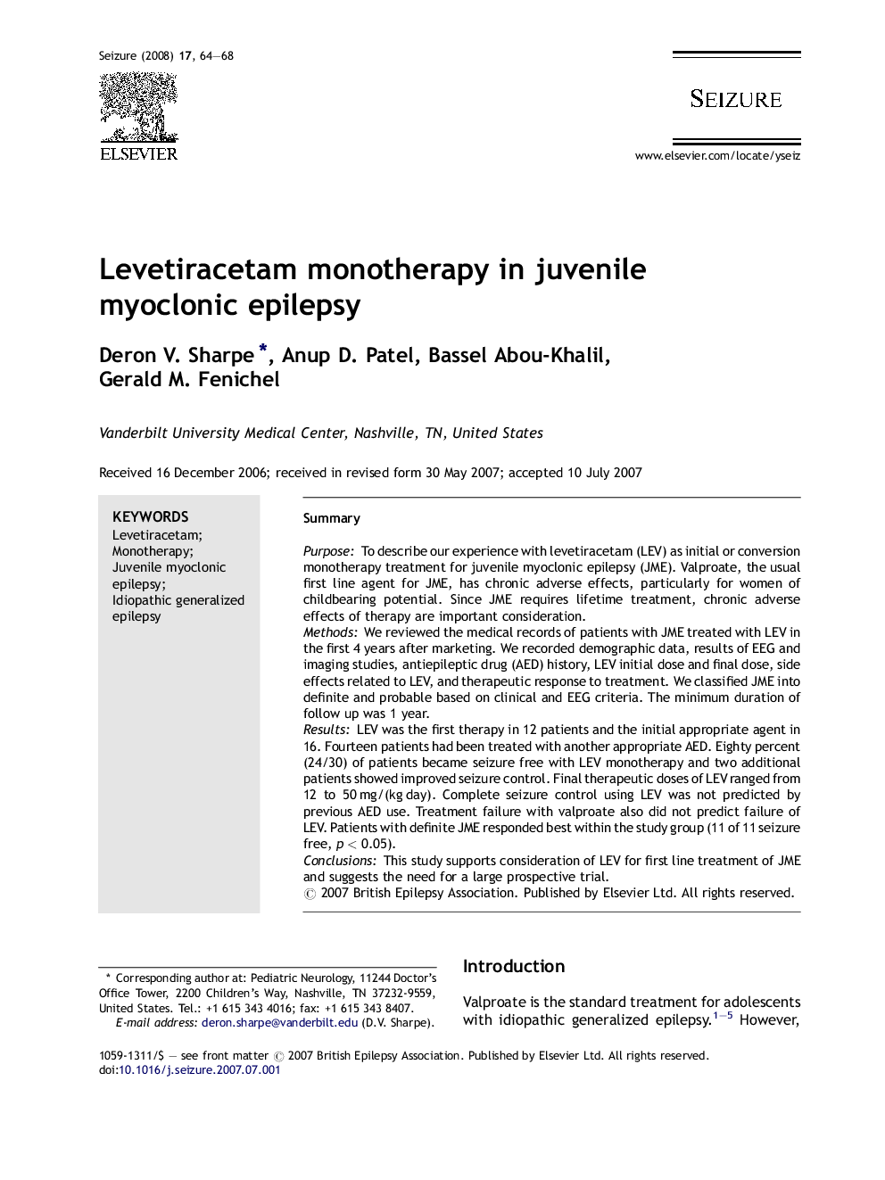 Levetiracetam monotherapy in juvenile myoclonic epilepsy