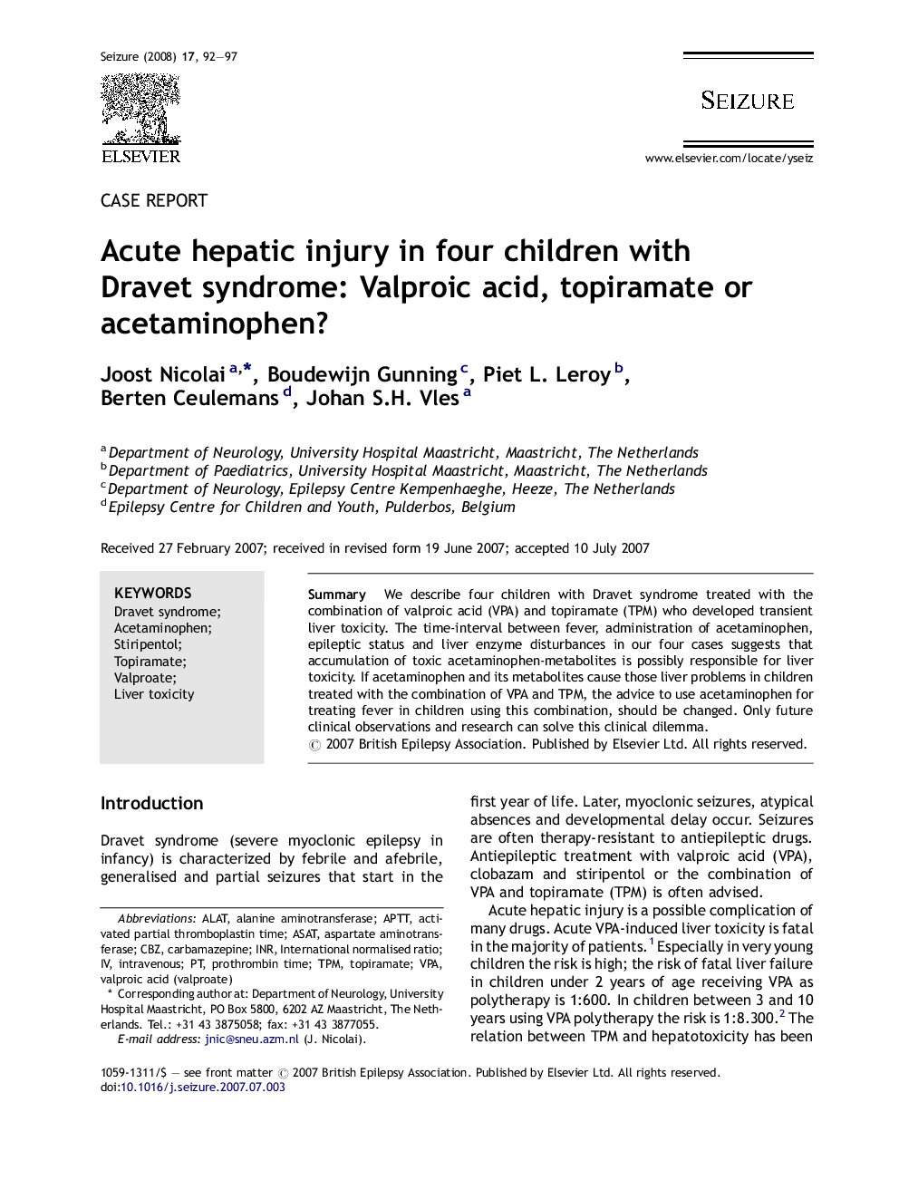 Acute hepatic injury in four children with Dravet syndrome: Valproic acid, topiramate or acetaminophen?
