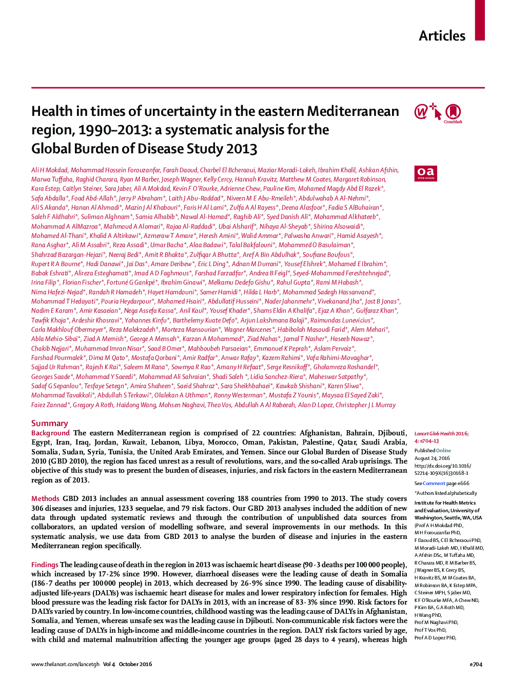 Health in times of uncertainty in the eastern Mediterranean region, 1990–2013: a systematic analysis for the Global Burden of Disease Study 2013