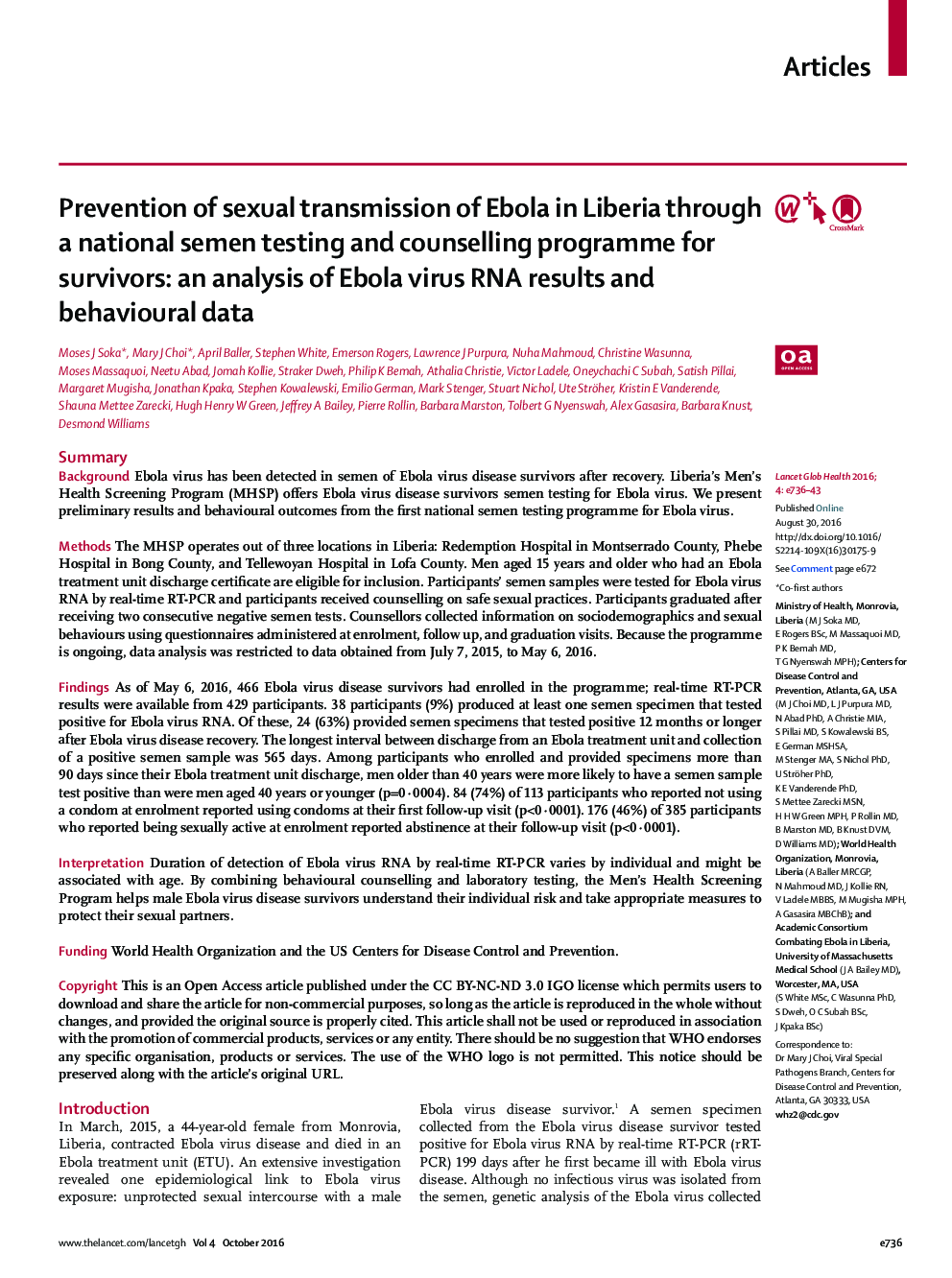 Prevention of sexual transmission of Ebola in Liberia through a national semen testing and counselling programme for survivors: an analysis of Ebola virus RNA results and behavioural data