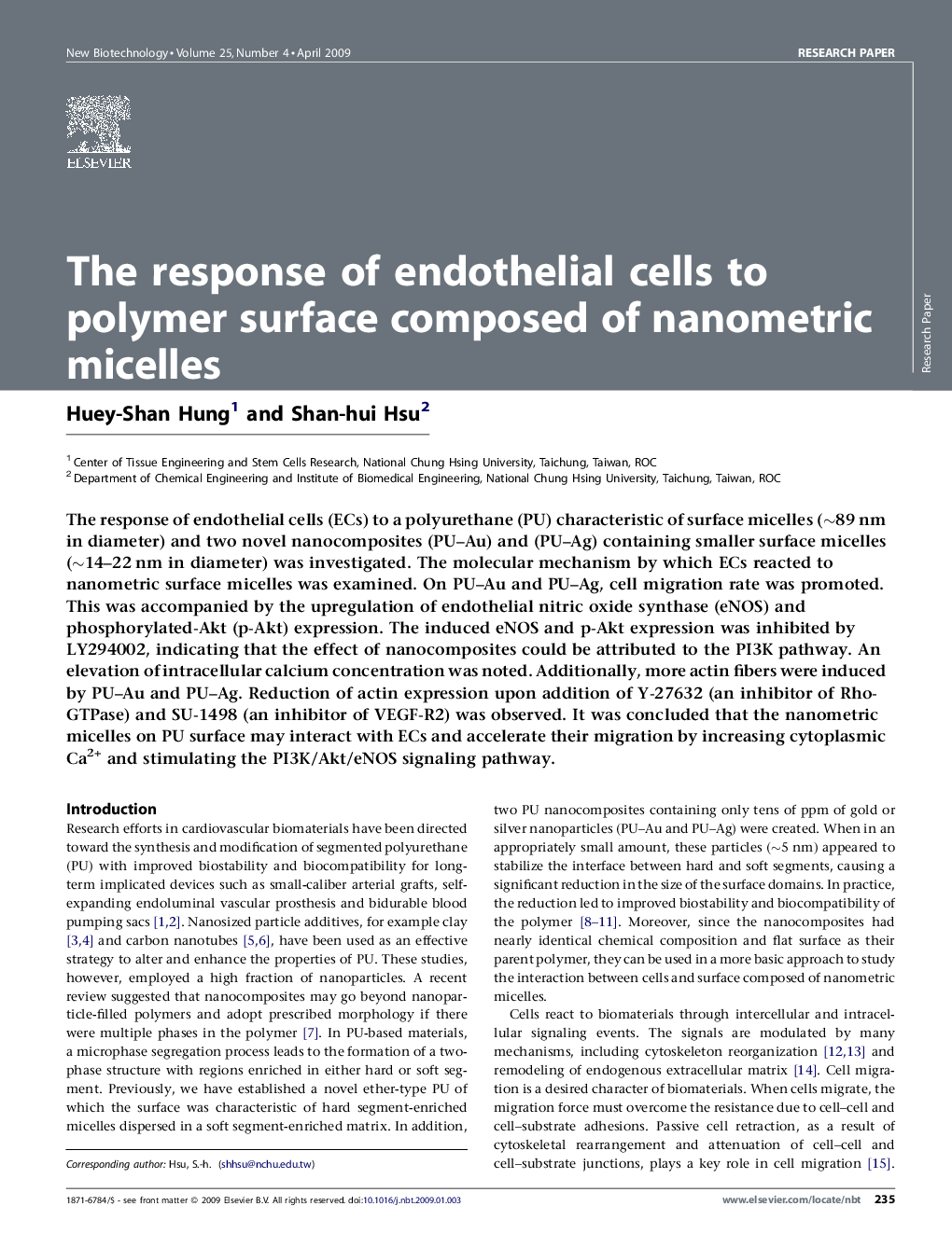 The response of endothelial cells to polymer surface composed of nanometric micelles