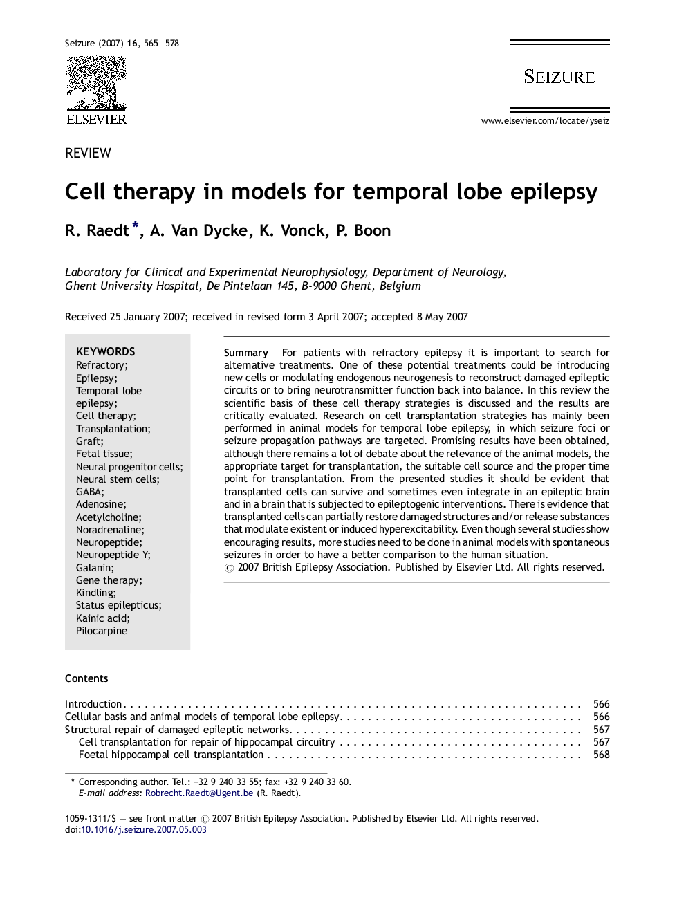 Cell therapy in models for temporal lobe epilepsy