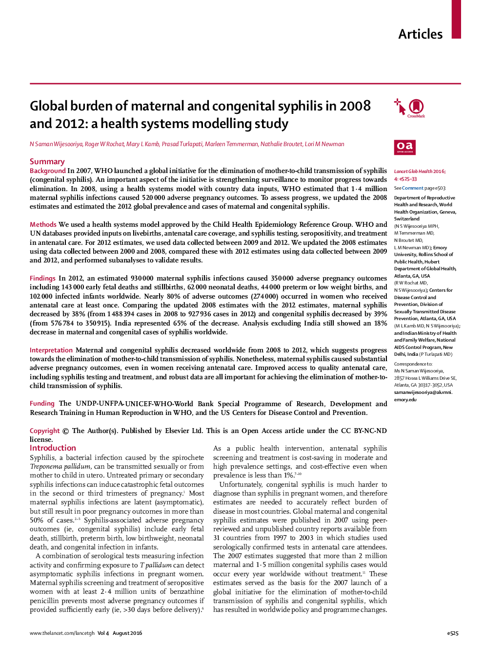 Global burden of maternal and congenital syphilis in 2008 and 2012: a health systems modelling study