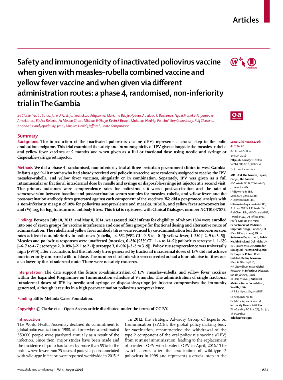 Safety and immunogenicity of inactivated poliovirus vaccine when given with measles–rubella combined vaccine and yellow fever vaccine and when given via different administration routes: a phase 4, randomised, non-inferiority trial in The Gambia