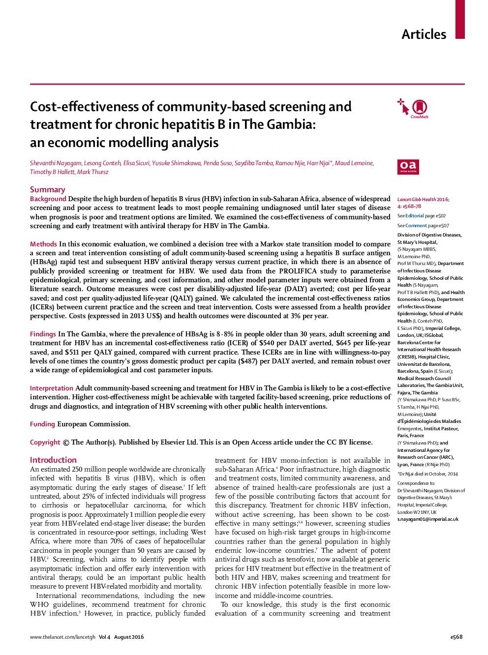 Cost-effectiveness of community-based screening and treatment for chronic hepatitis B in The Gambia: an economic modelling analysis