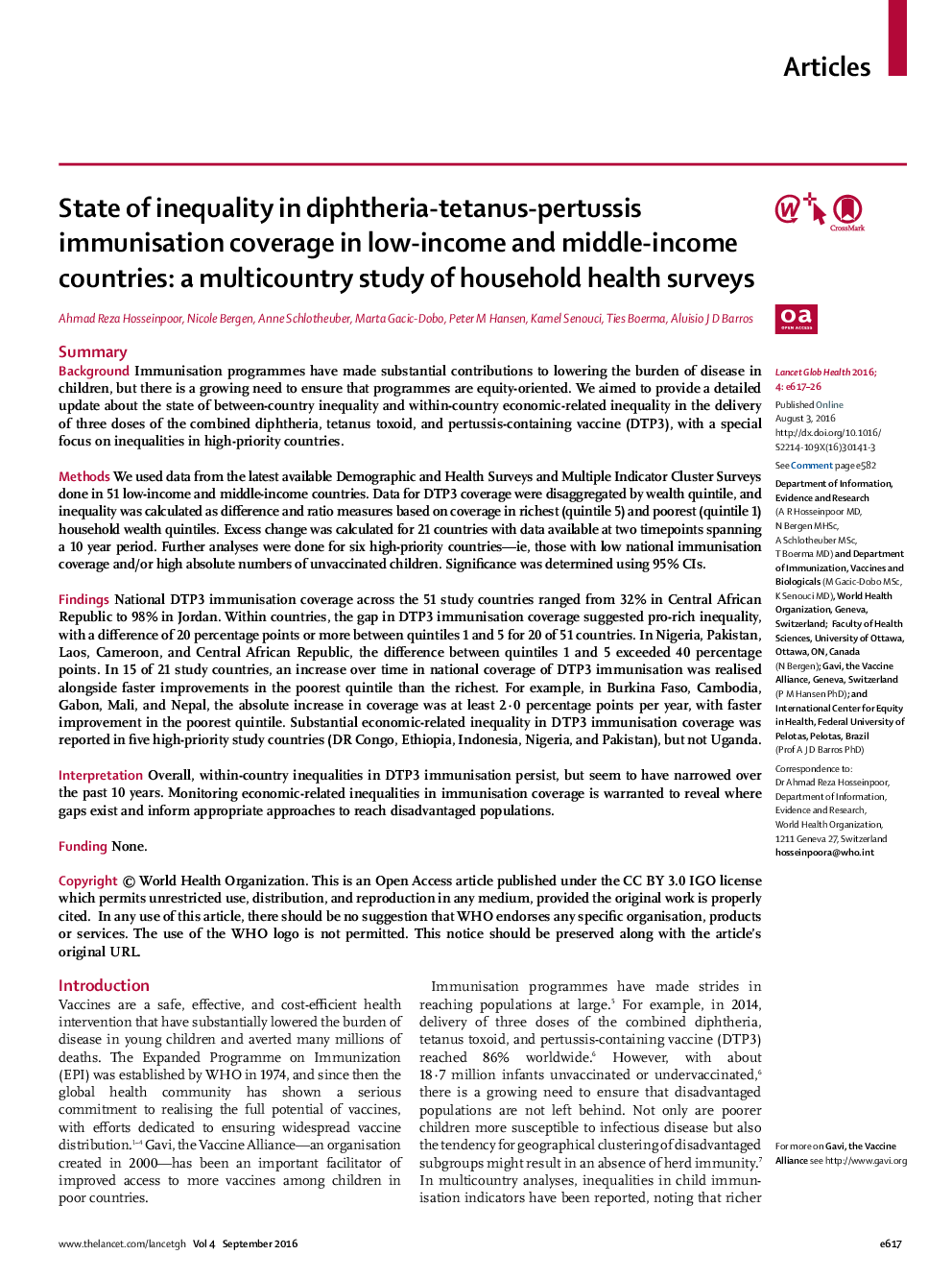 State of inequality in diphtheria-tetanus-pertussis immunisation coverage in low-income and middle-income countries: a multicountry study of household health surveys