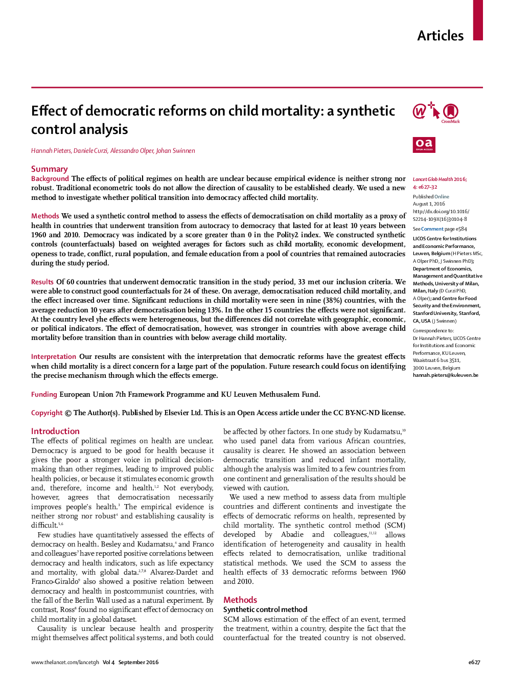 Effect of democratic reforms on child mortality: a synthetic control analysis