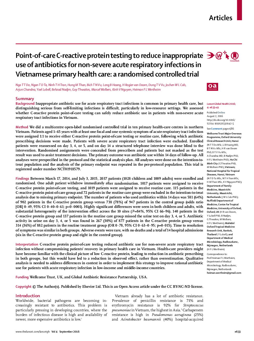 Point-of-care C-reactive protein testing to reduce inappropriate use of antibiotics for non-severe acute respiratory infections in Vietnamese primary health care: a randomised controlled trial