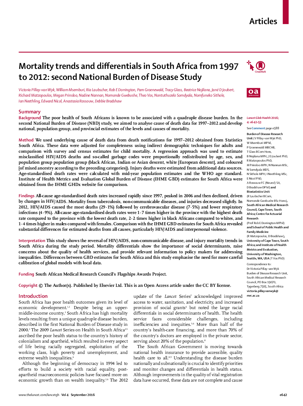 Mortality trends and differentials in South Africa from 1997 to 2012: second National Burden of Disease Study