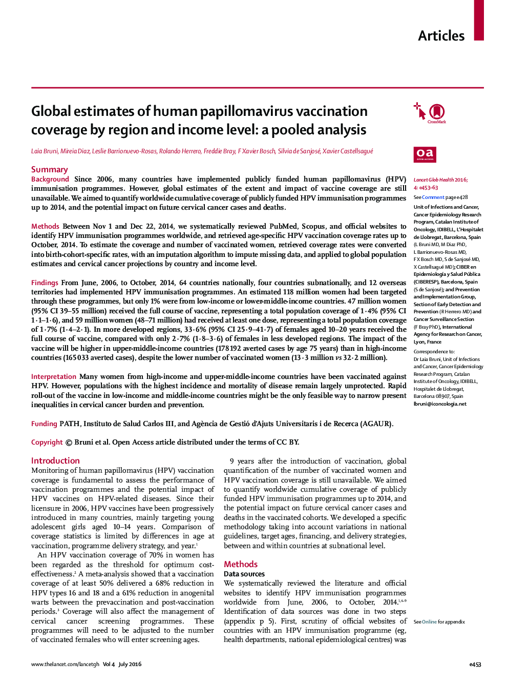 Global estimates of human papillomavirus vaccination coverage by region and income level: a pooled analysis