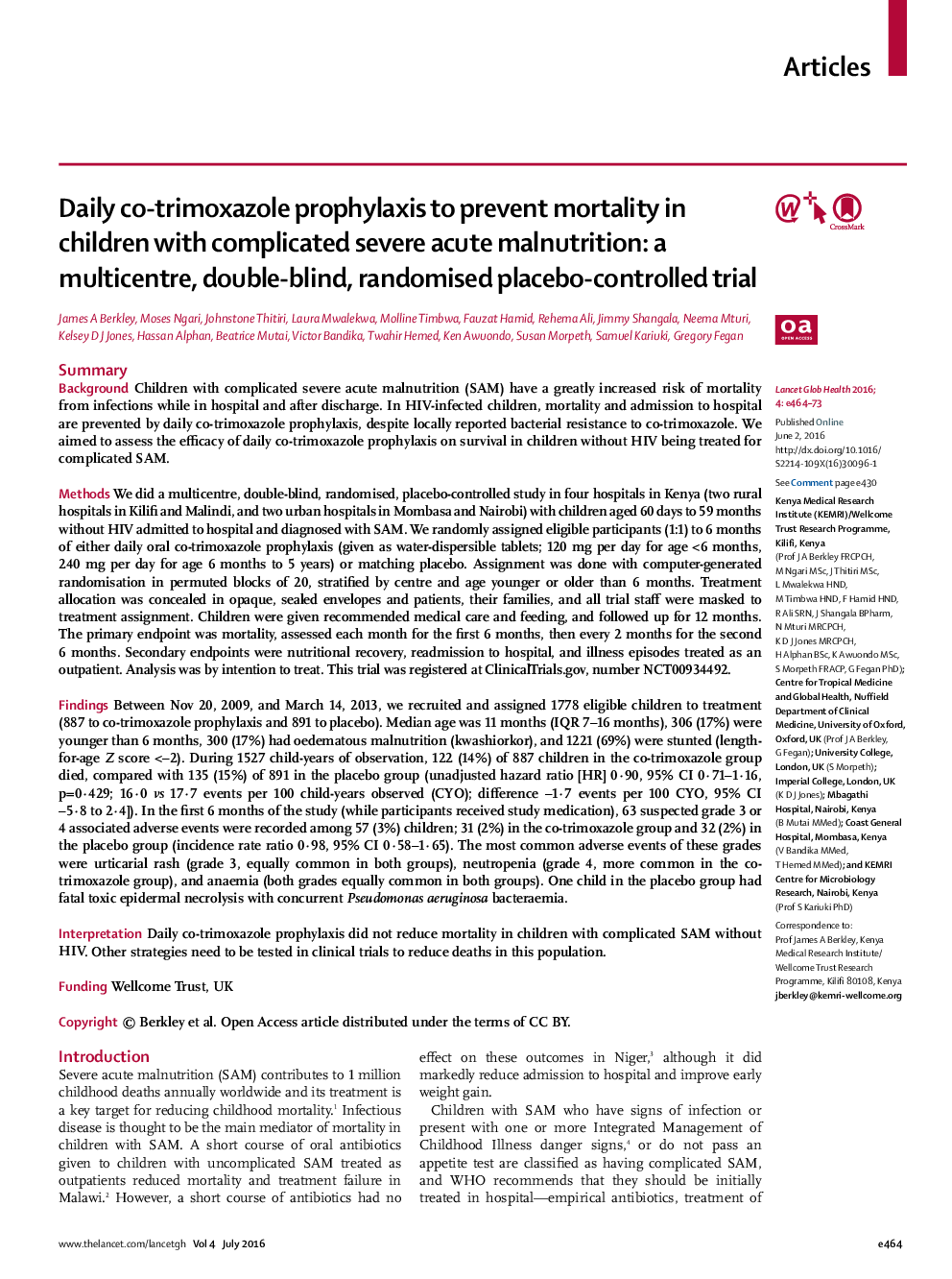 Daily co-trimoxazole prophylaxis to prevent mortality in children with complicated severe acute malnutrition: a multicentre, double-blind, randomised placebo-controlled trial