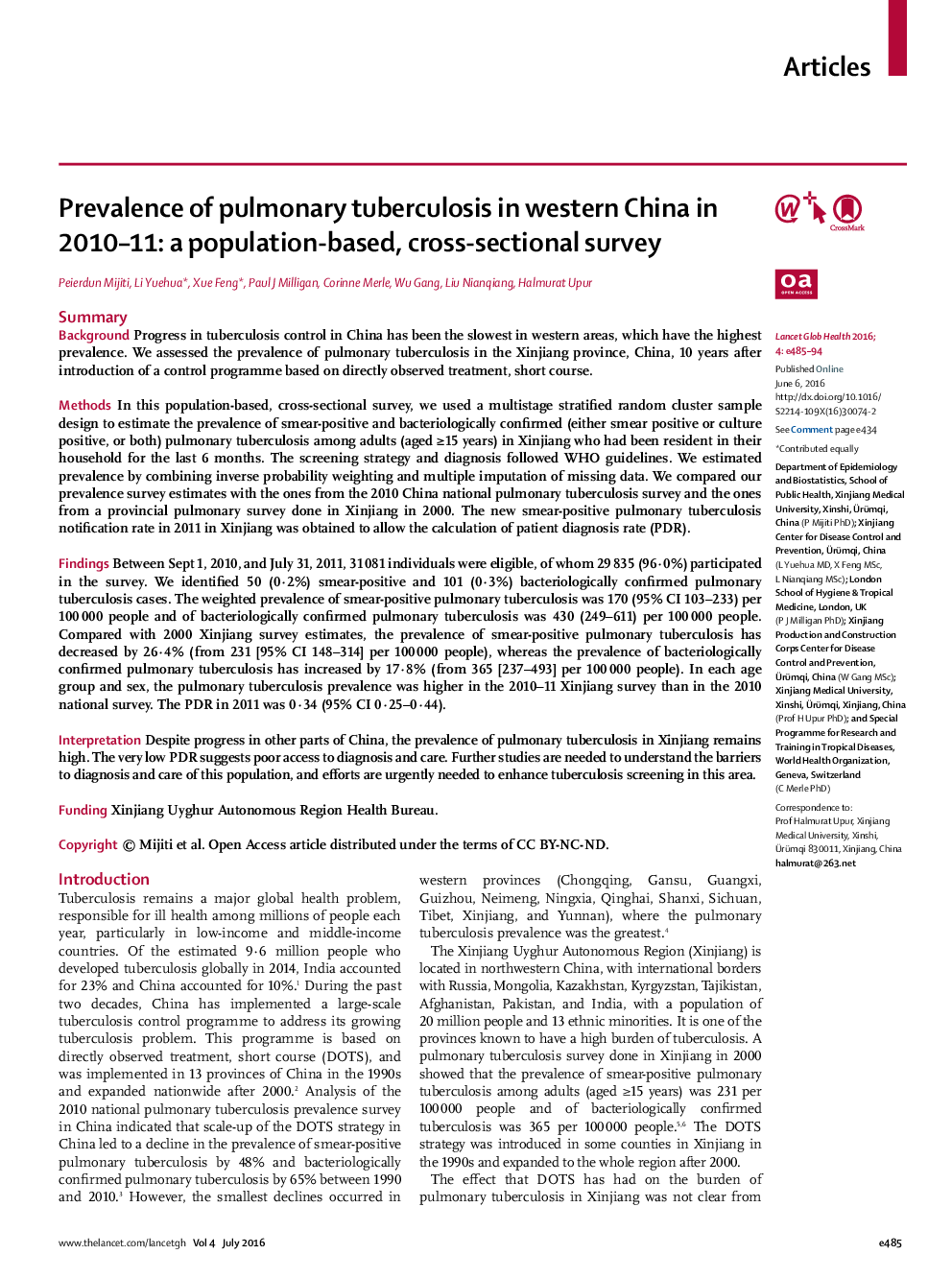 Prevalence of pulmonary tuberculosis in western China in 2010–11: a population-based, cross-sectional survey