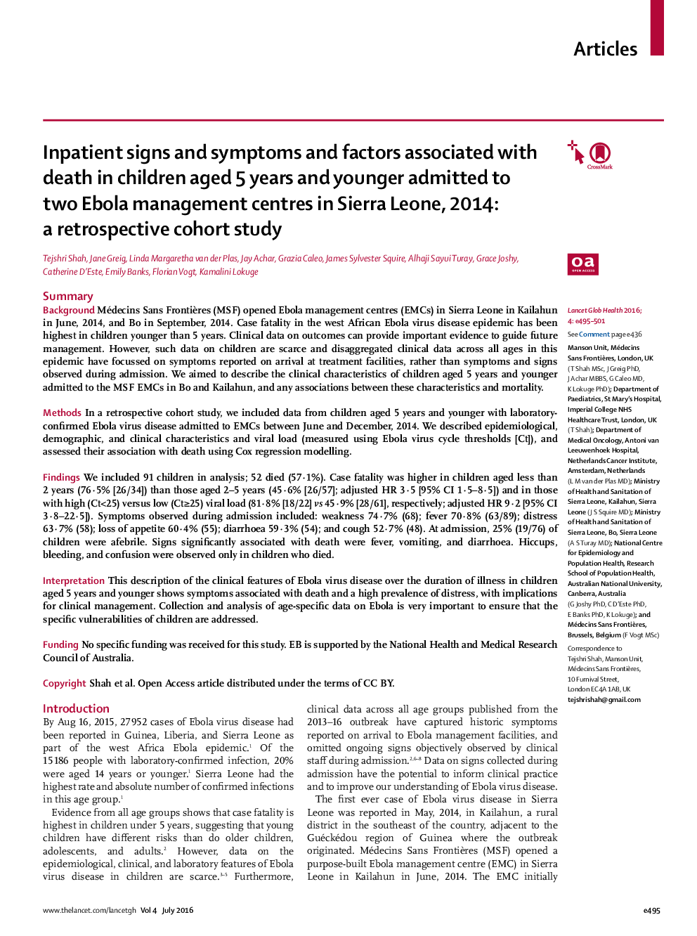 Inpatient signs and symptoms and factors associated with death in children aged 5 years and younger admitted to two Ebola management centres in Sierra Leone, 2014: a retrospective cohort study