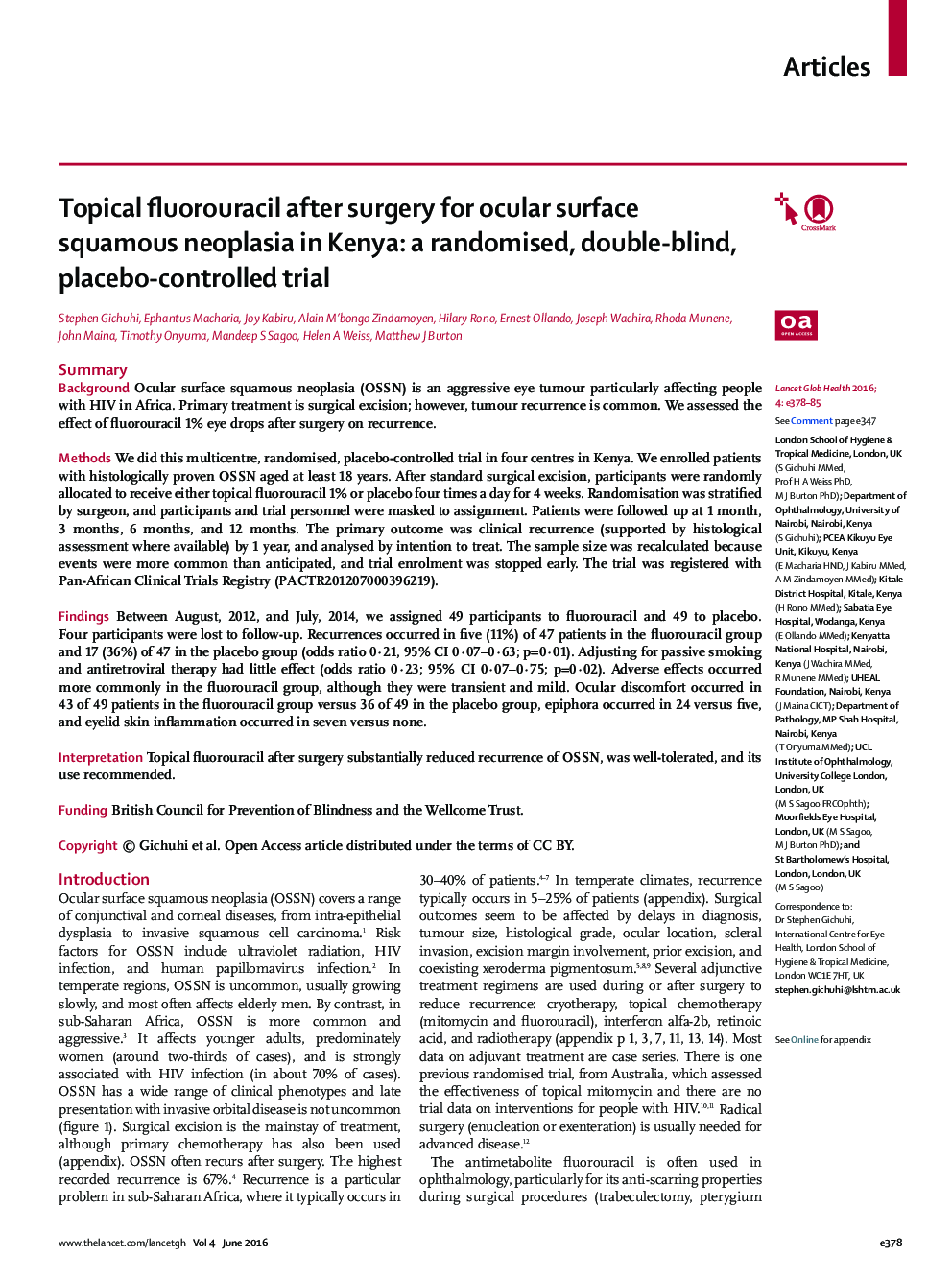 Topical fluorouracil after surgery for ocular surface squamous neoplasia in Kenya: a randomised, double-blind, placebo-controlled trial