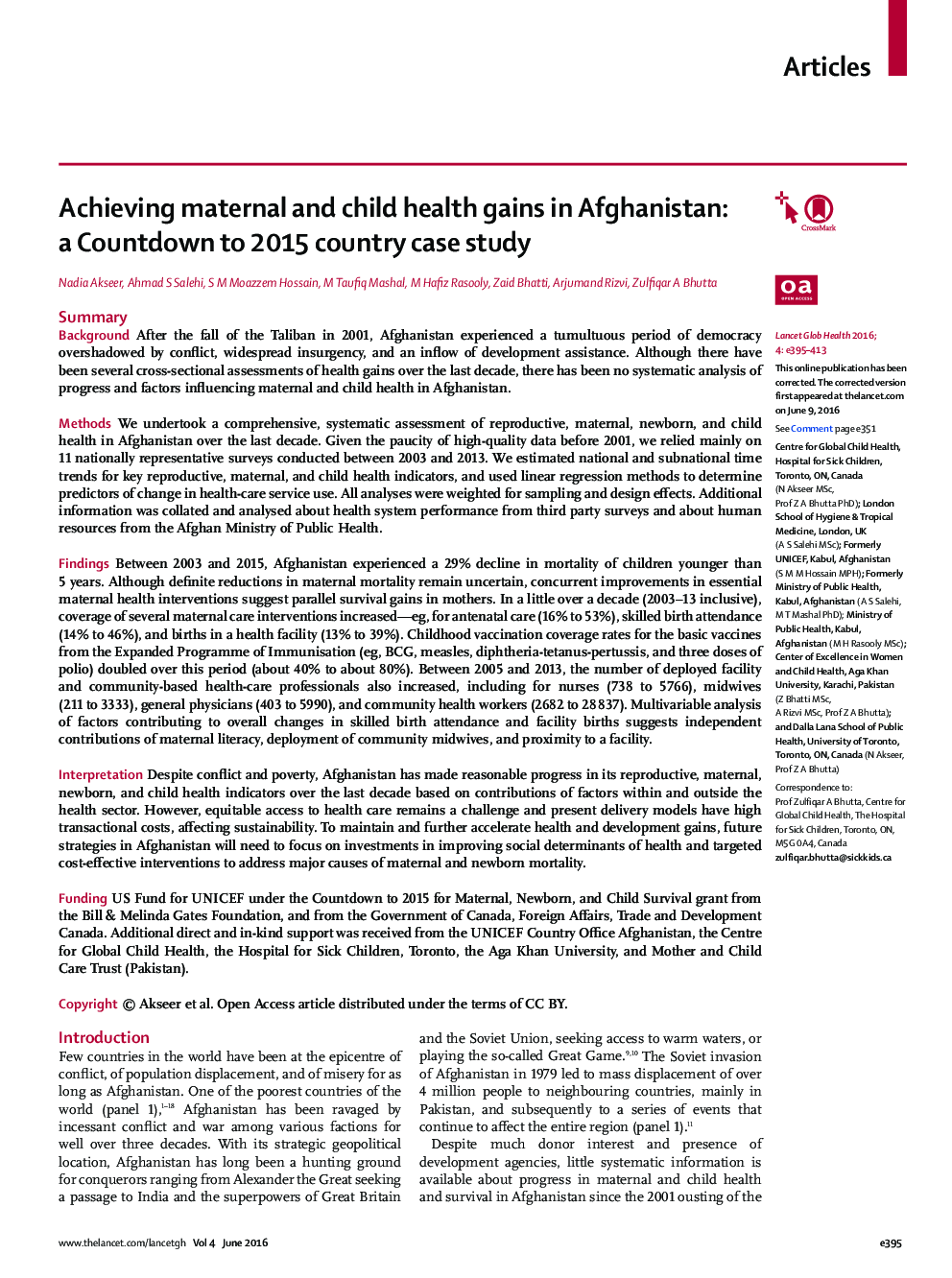 Achieving maternal and child health gains in Afghanistan: a Countdown to 2015 country case study