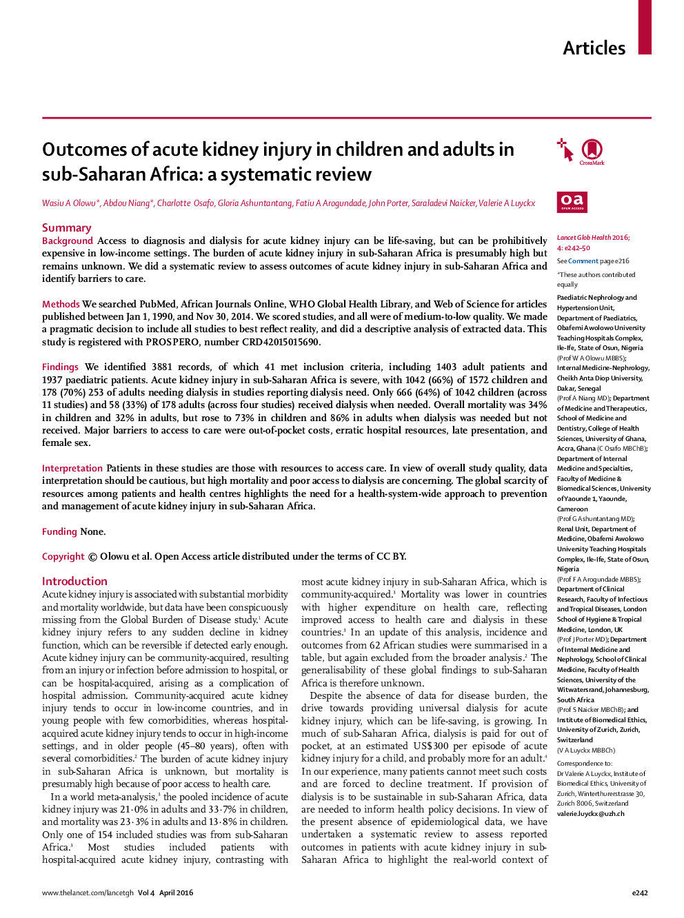 Outcomes of acute kidney injury in children and adults in sub-Saharan Africa: a systematic review