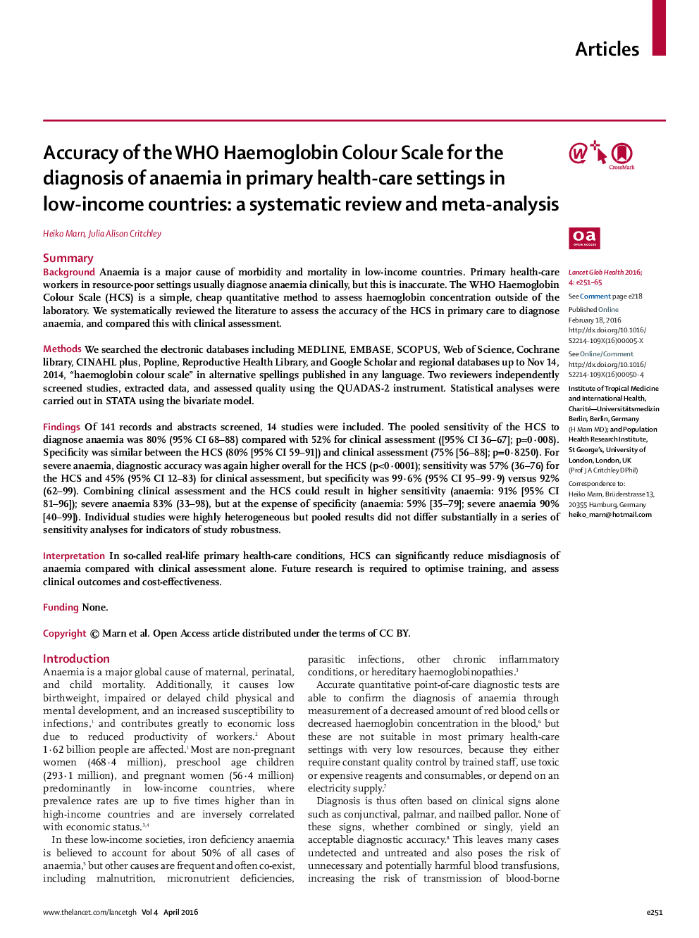 Accuracy of the WHO Haemoglobin Colour Scale for the diagnosis of anaemia in primary health care settings in low-income countries: a systematic review and meta-analysis