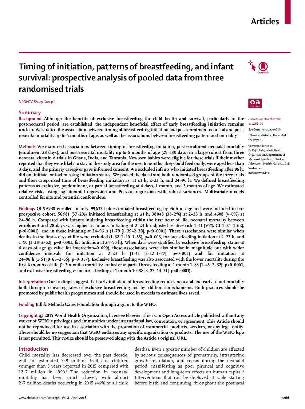 Timing of initiation, patterns of breastfeeding, and infant survival: prospective analysis of pooled data from three randomised trials