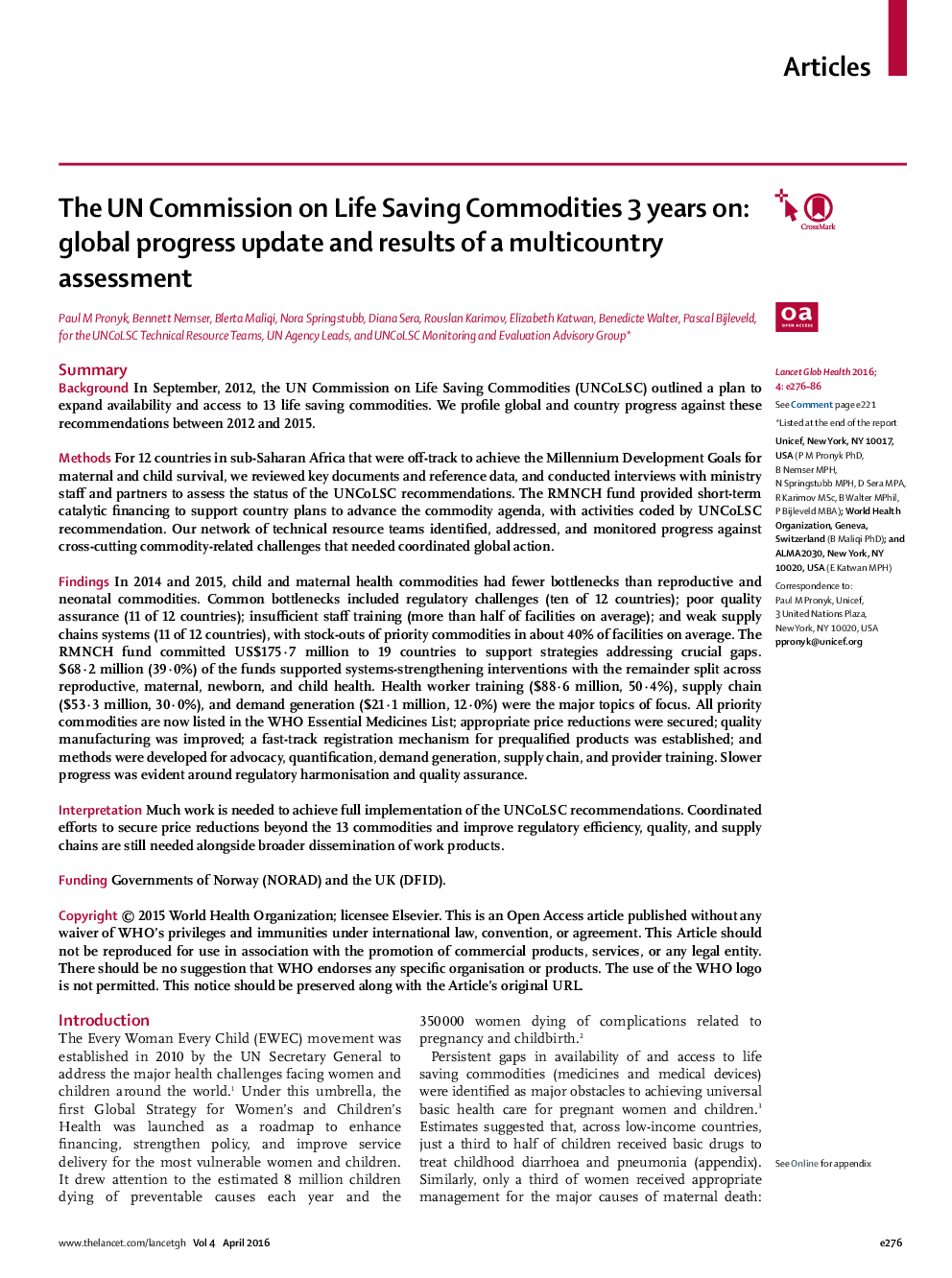 The UN Commission on Life Saving Commodities 3 years on: global progress update and results of a multicountry assessment