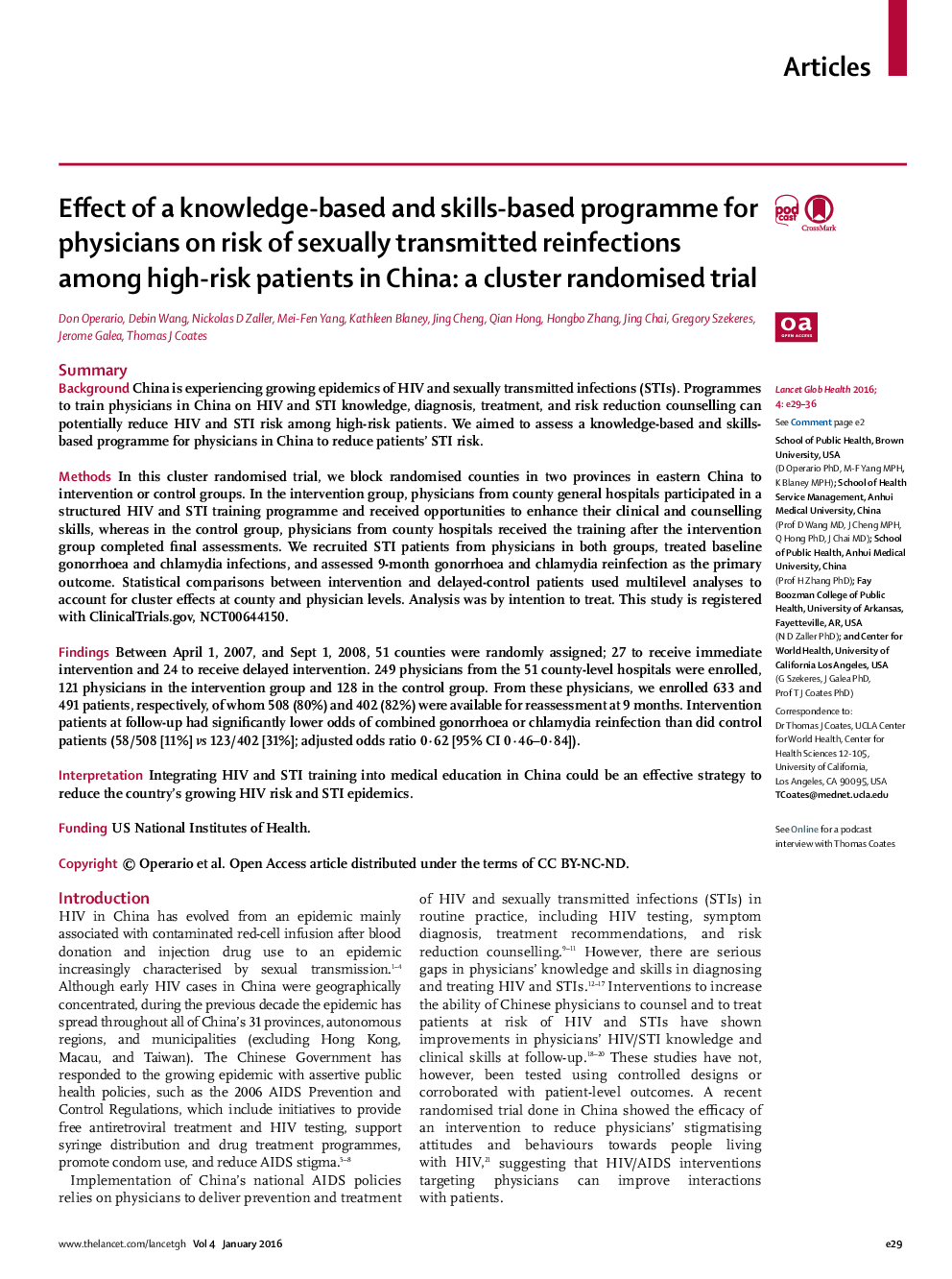 Effect of a knowledge-based and skills-based programme for physicians on risk of sexually transmitted reinfections among high-risk patients in China: a cluster randomised trial