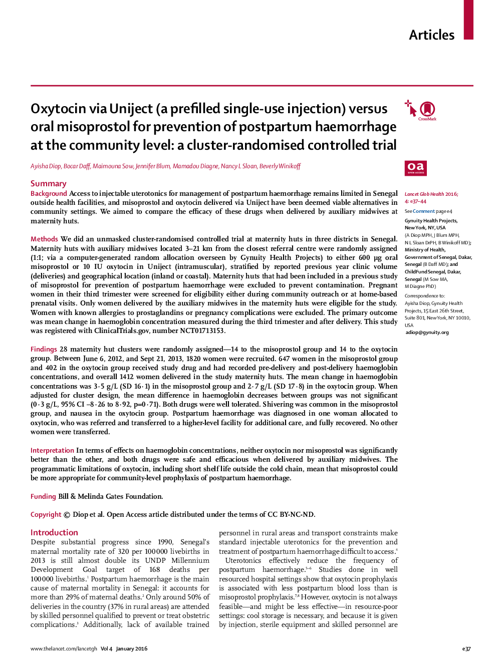 Oxytocin via Uniject (a prefilled single-use injection) versus oral misoprostol for prevention of postpartum haemorrhage at the community level: a cluster-randomised controlled trial