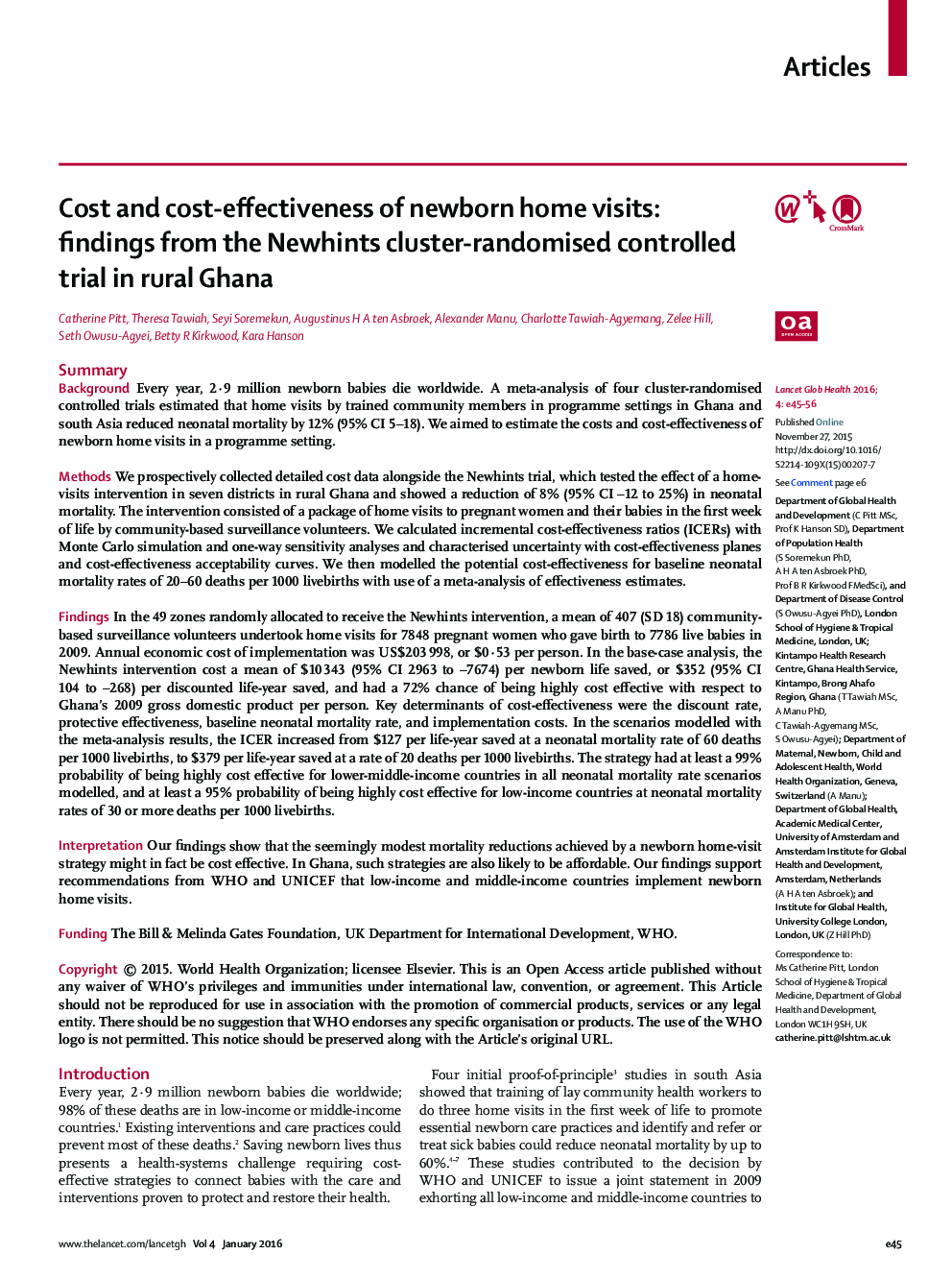 Cost and cost-effectiveness of newborn home visits: findings from the Newhints cluster-randomised controlled trial in rural Ghana