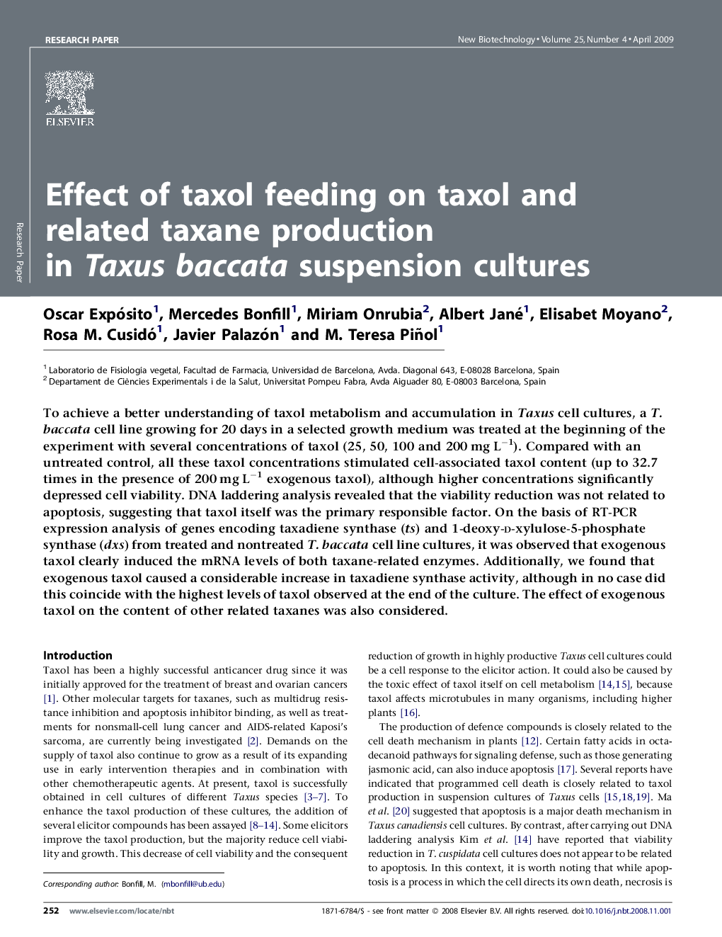 Effect of taxol feeding on taxol and related taxane production in Taxus baccata suspension cultures