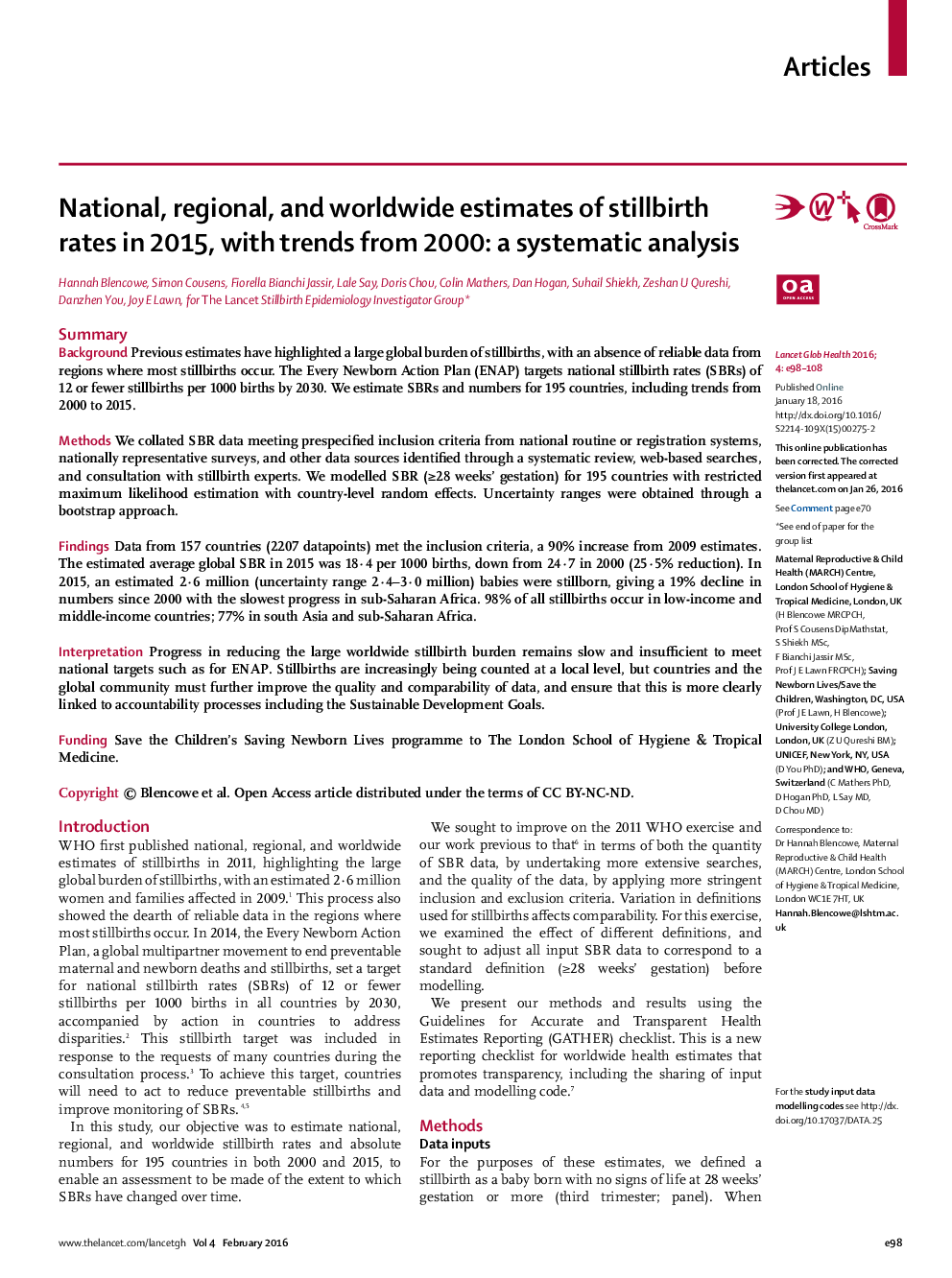 National, regional, and worldwide estimates of stillbirth rates in 2015, with trends from 2000: a systematic analysis