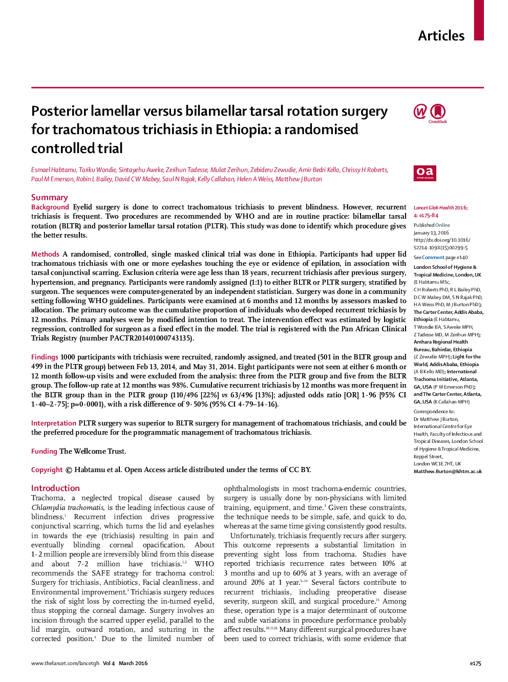 Posterior lamellar versus bilamellar tarsal rotation surgery for trachomatous trichiasis in Ethiopia: a randomised controlled trial