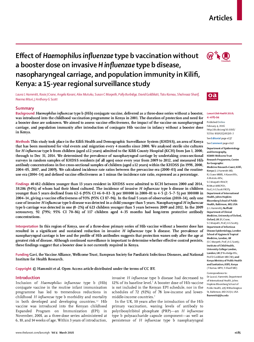 Effect of Haemophilus influenzae type b vaccination without a booster dose on invasive H influenzae type b disease, nasopharyngeal carriage, and population immunity in Kilifi, Kenya: a 15-year regional surveillance study