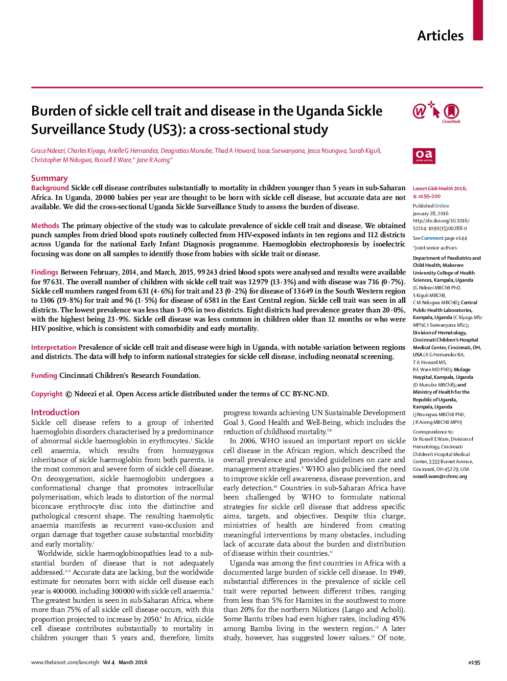 Burden of sickle cell trait and disease in the Uganda Sickle Surveillance Study (US3): a cross-sectional study